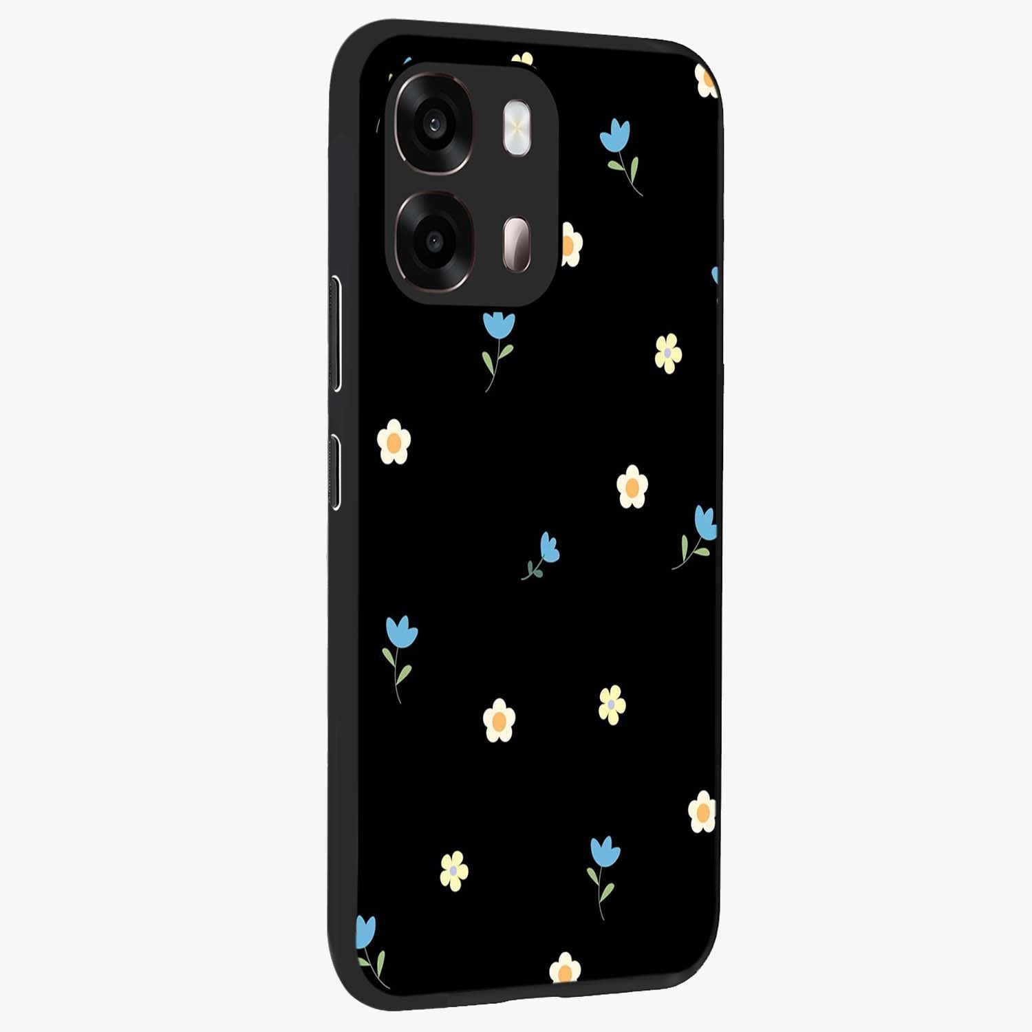 Minimal Petal Whispers Glass Case upright view showcasing elegant floral artwork with modern minimalist style.