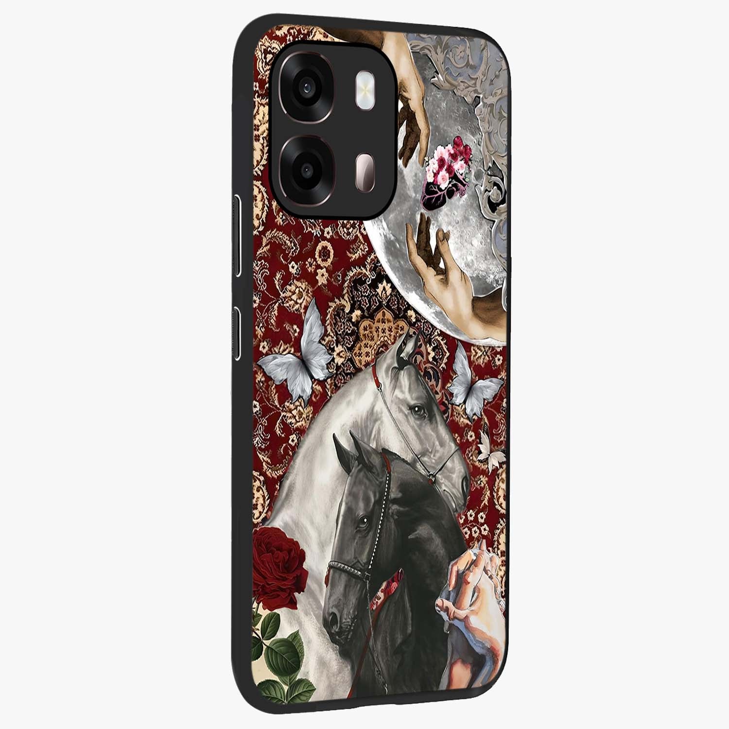 Moonlit Royal Stallion Glass Case upright view showcasing dramatic horse artwork with glowing moon themed design.