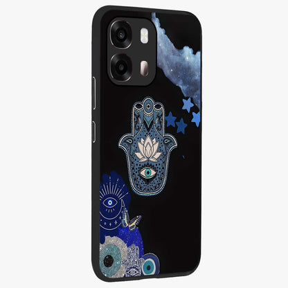 Mystic Hand Aura Glass Case upright view showcasing symbolic hand artwork with mystical energy theme.