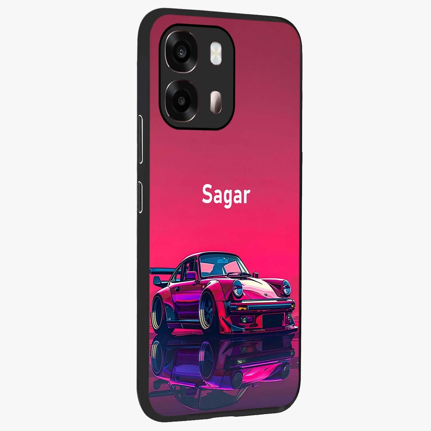 Neon Pink Porsche Glass Case upright view showcasing vibrant sports car artwork with bold automotive theme.