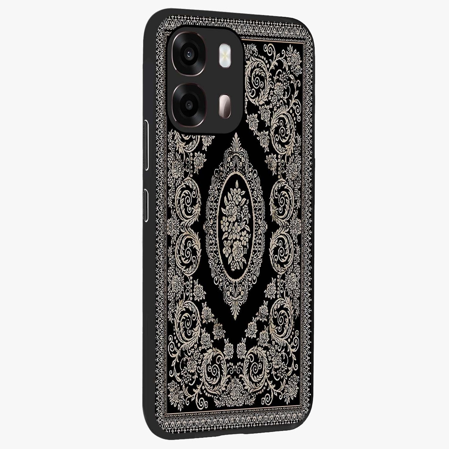 Noir Bloom Elegance Glass Case upright view showcasing graceful floral artwork with luxurious dark theme.
