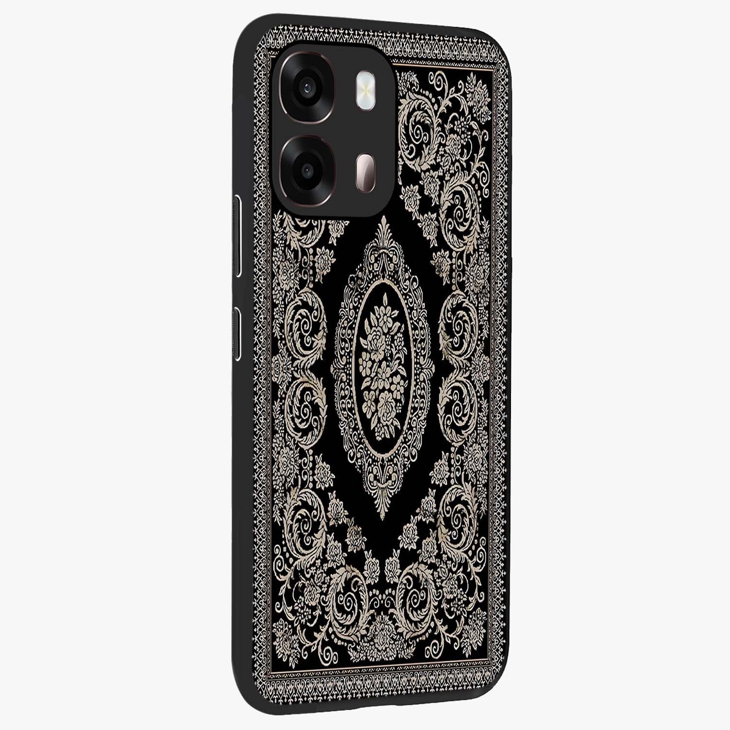 Noir Bloom Elegance Glass Case upright view showcasing graceful floral artwork with luxurious dark theme.