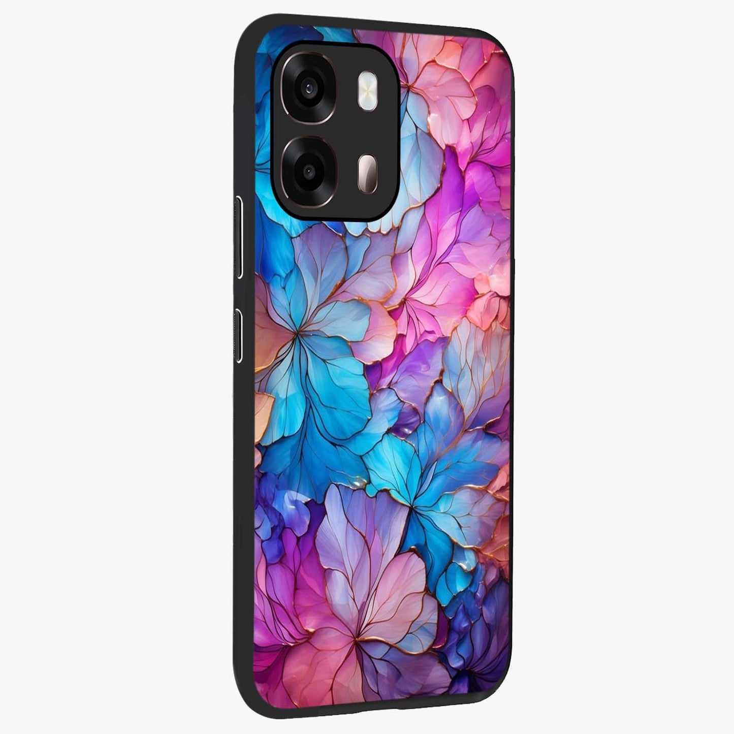 Radiant Floral Whirl Glass Case upright view showcasing lively floral artwork with decorative swirl theme.