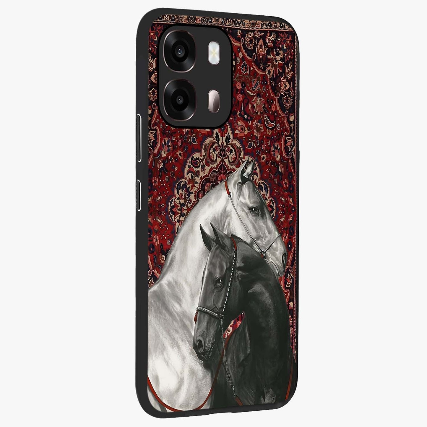Regal Stallion Tapestry Glass Case upright view showcasing powerful horse artwork with elegant tapestry theme.