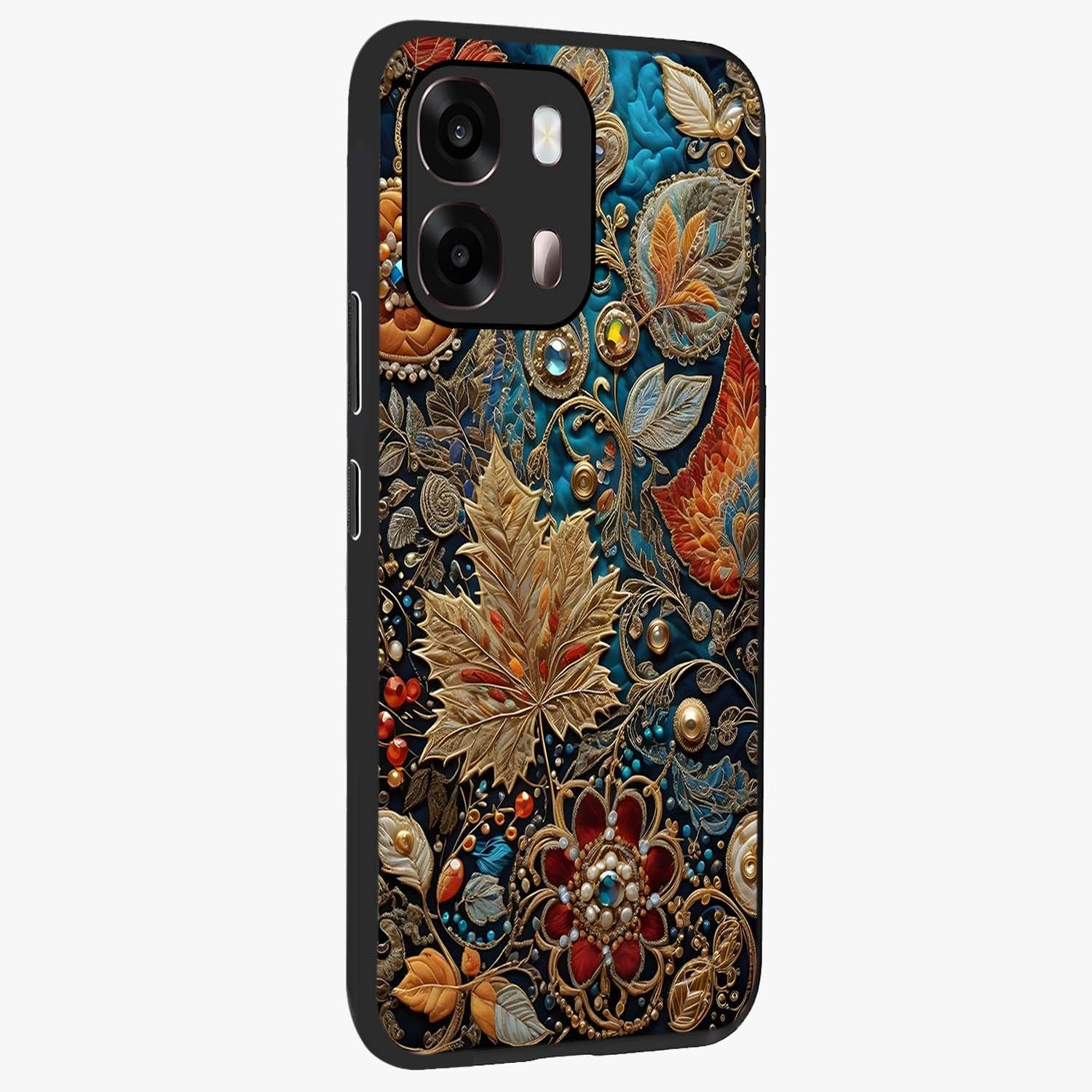 Royal Jewel Garden Glass Case upright view showcasing rich floral artwork with luxurious garden theme.