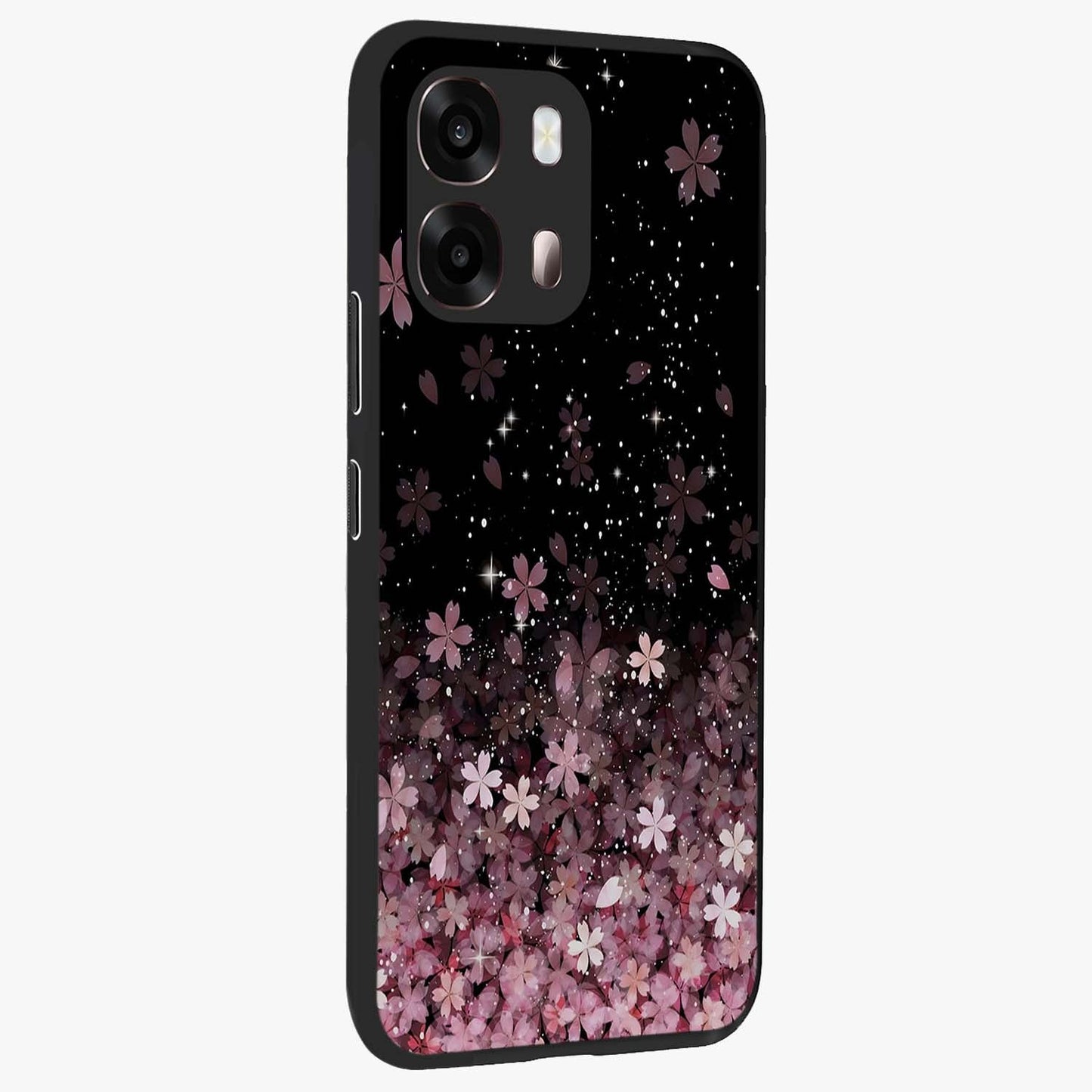 Small Starry Flowers Glass Case upright view showcasing charming floral artwork with dreamy starry theme.