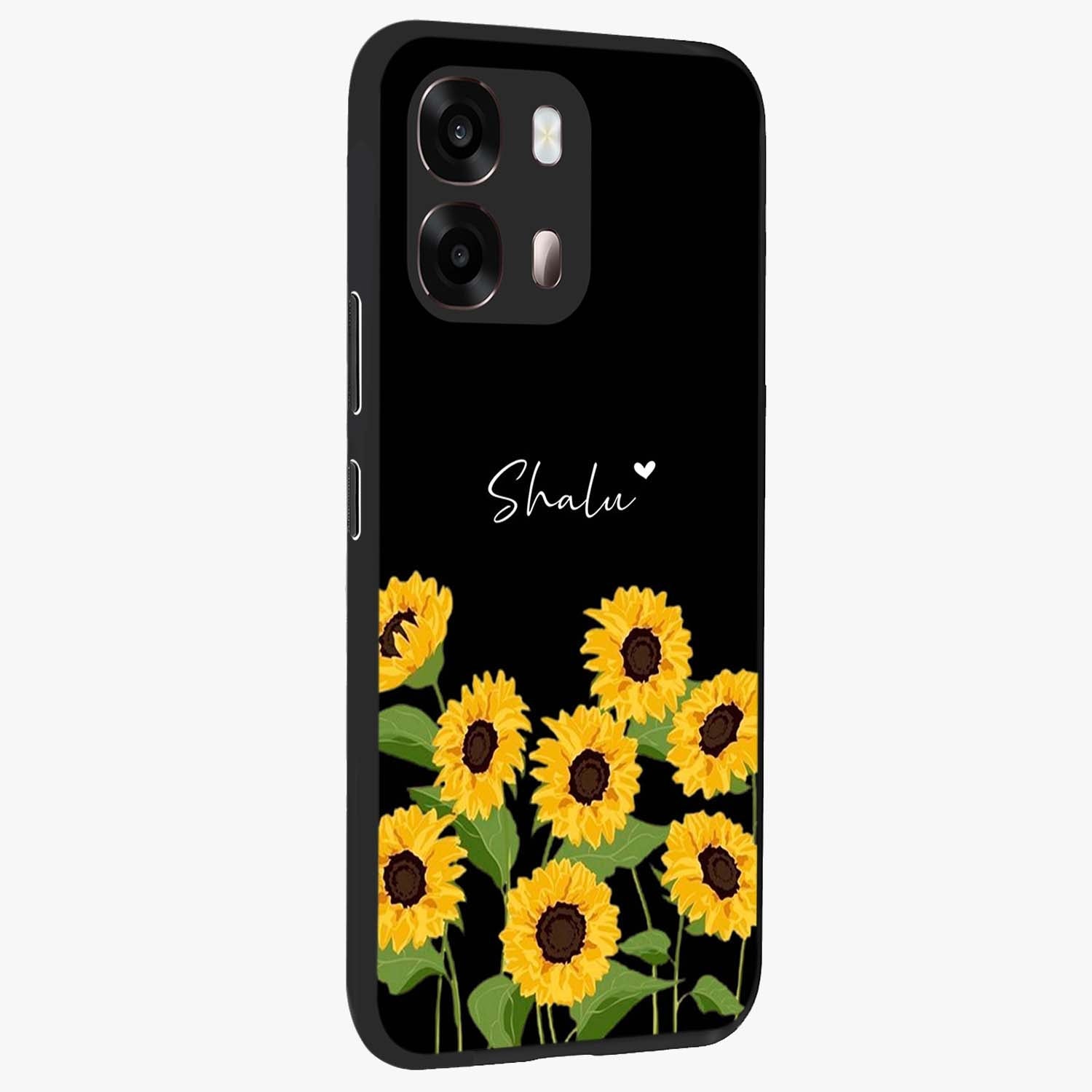Sunflower Chic Mood Custom Name Glass Case upright view showcasing cheerful sunflower artwork with trendy floral theme.