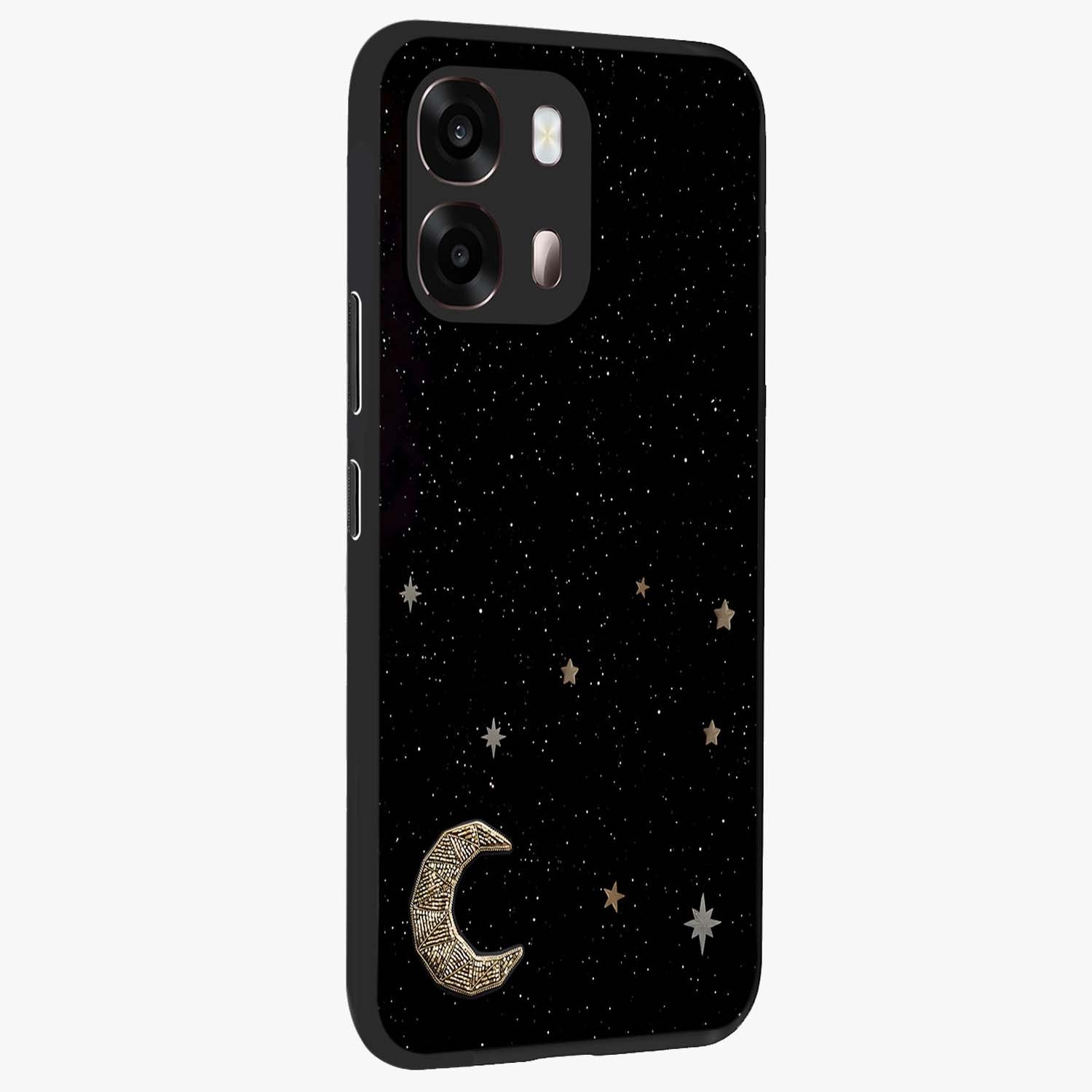 Twinkle Star With Half Moon Glass Case upright view showcasing glowing cosmic artwork with dreamy night theme.