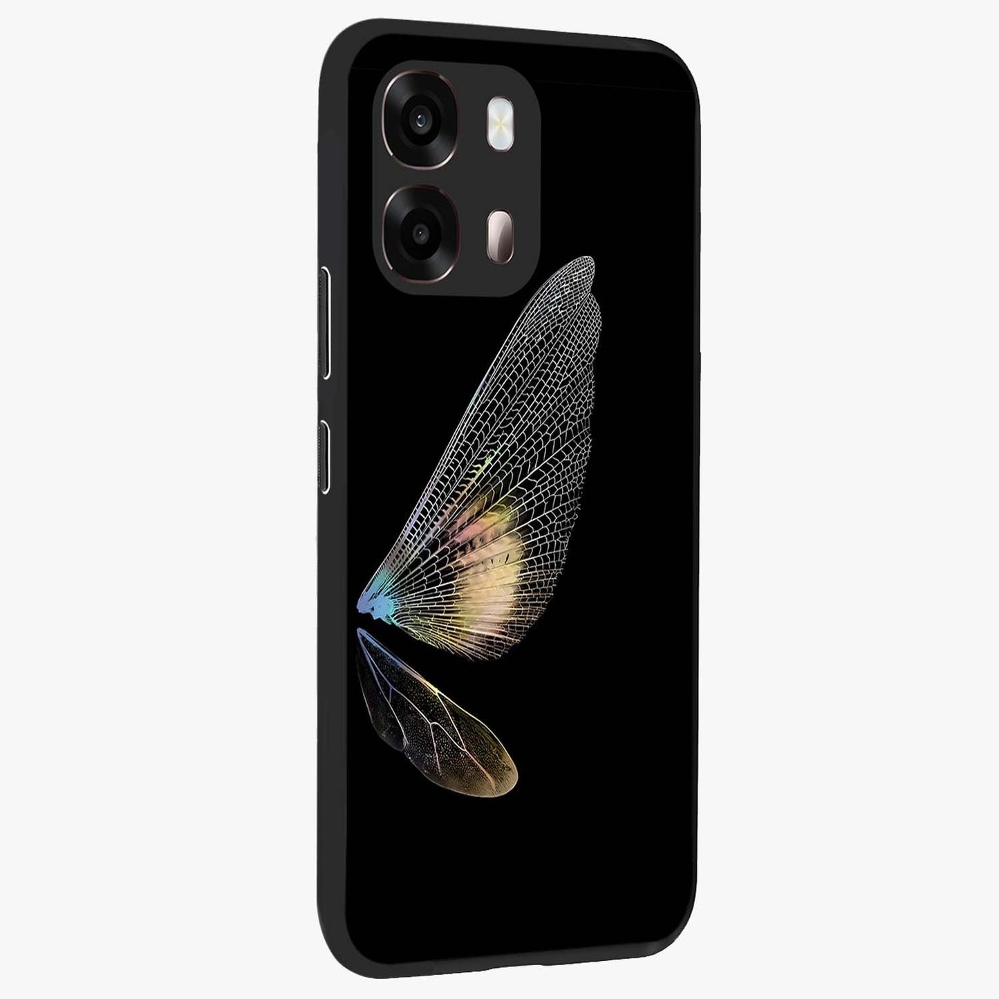 Whispers Of Wings Glass Case upright view showcasing elegant wing artwork with light airy theme.
