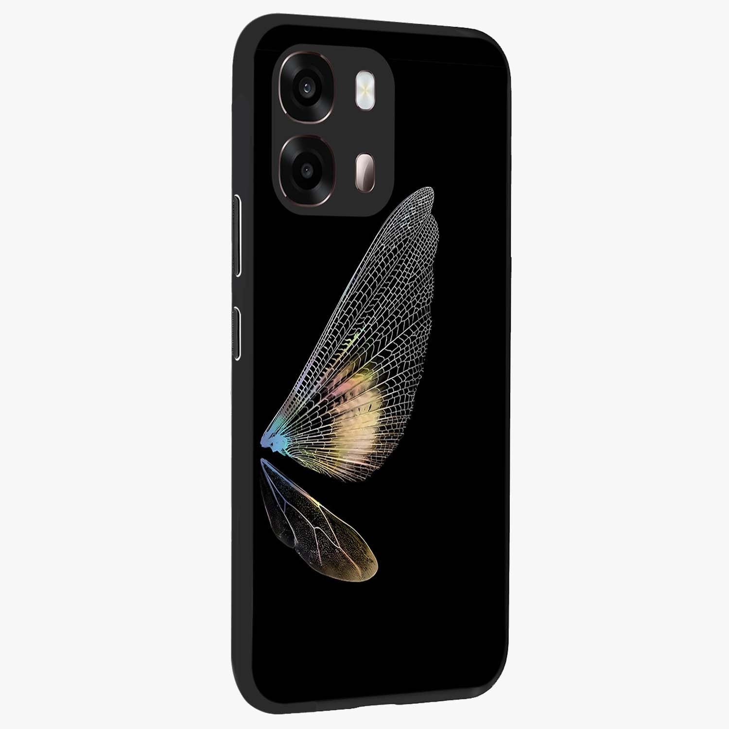 Whispers Of Wings Glass Case upright view showcasing elegant wing artwork with light airy theme.