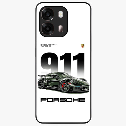 911 Turbo Dominance Glass Case showing clean flat back view with bold 911 sports car artwork and glossy glass finish.