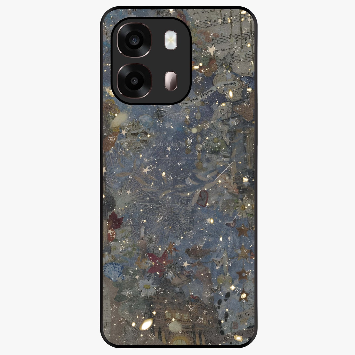 Aesthetic Astrolophia Glass Case showing flat back view with dreamy aesthetic design and glossy glass finish.