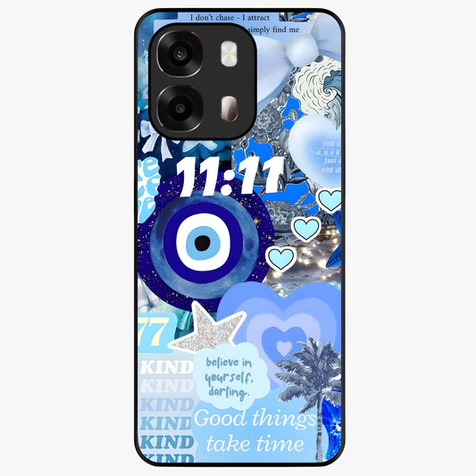 Aesthetic Be Kind Eye Glass Case showing flat back view with motivational eye artwork and glossy glass finish.