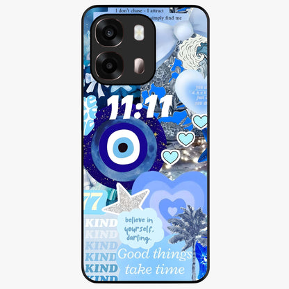 Aesthetic Be Kind Eye Glass Case showing flat back view with motivational eye artwork and glossy glass finish.