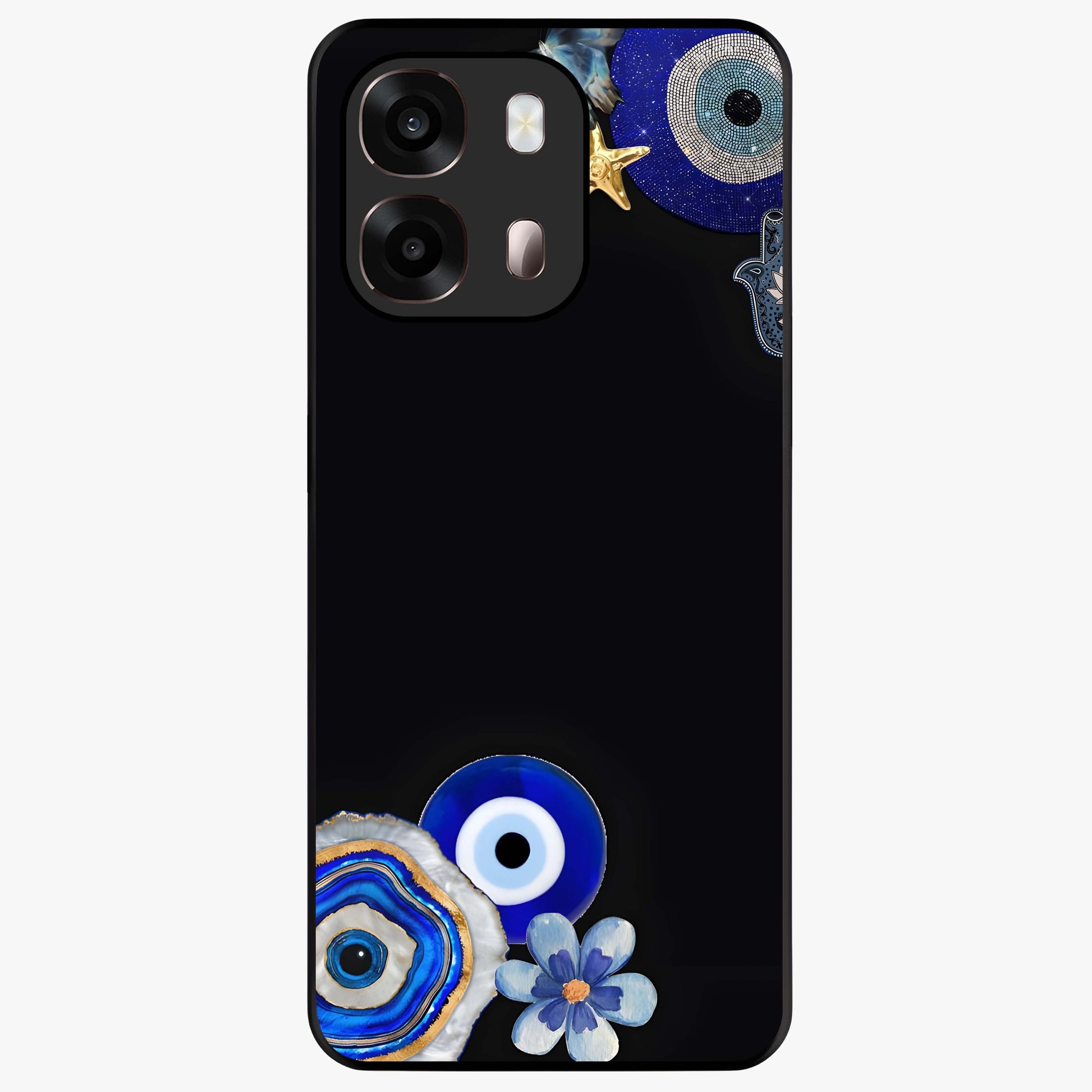 Aesthetic Blue Evil Eye Glass Case showing flat back view with protective evil eye artwork and glossy glass finish.