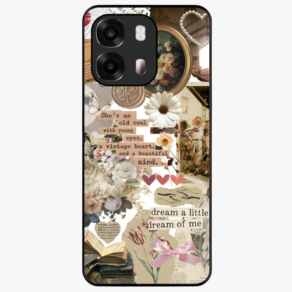 Aesthetic Brown Vintage Collage Glass Case showing flat back view with retro collage artwork and glossy glass finish.