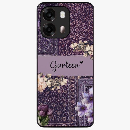 Antique Floral Whisper Custom Name Glass Case showing flat back view with vintage floral artwork and personalized name design.