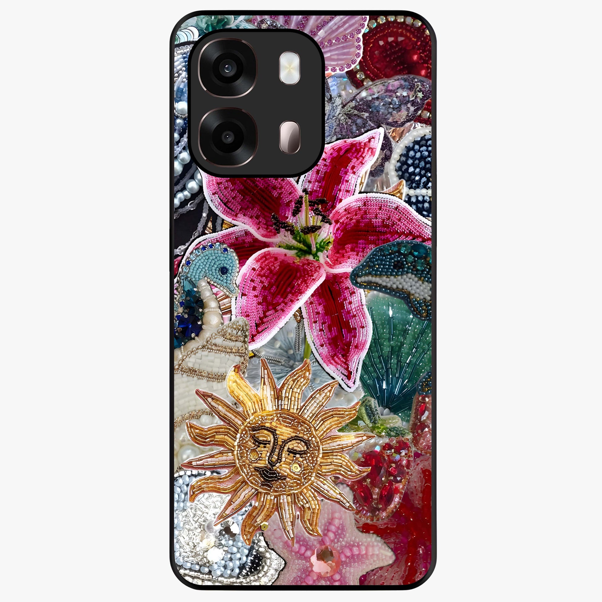 Beaded Garden Fantasy Glass Case showing flat back view with dreamy garden bead artwork and glossy glass finish.