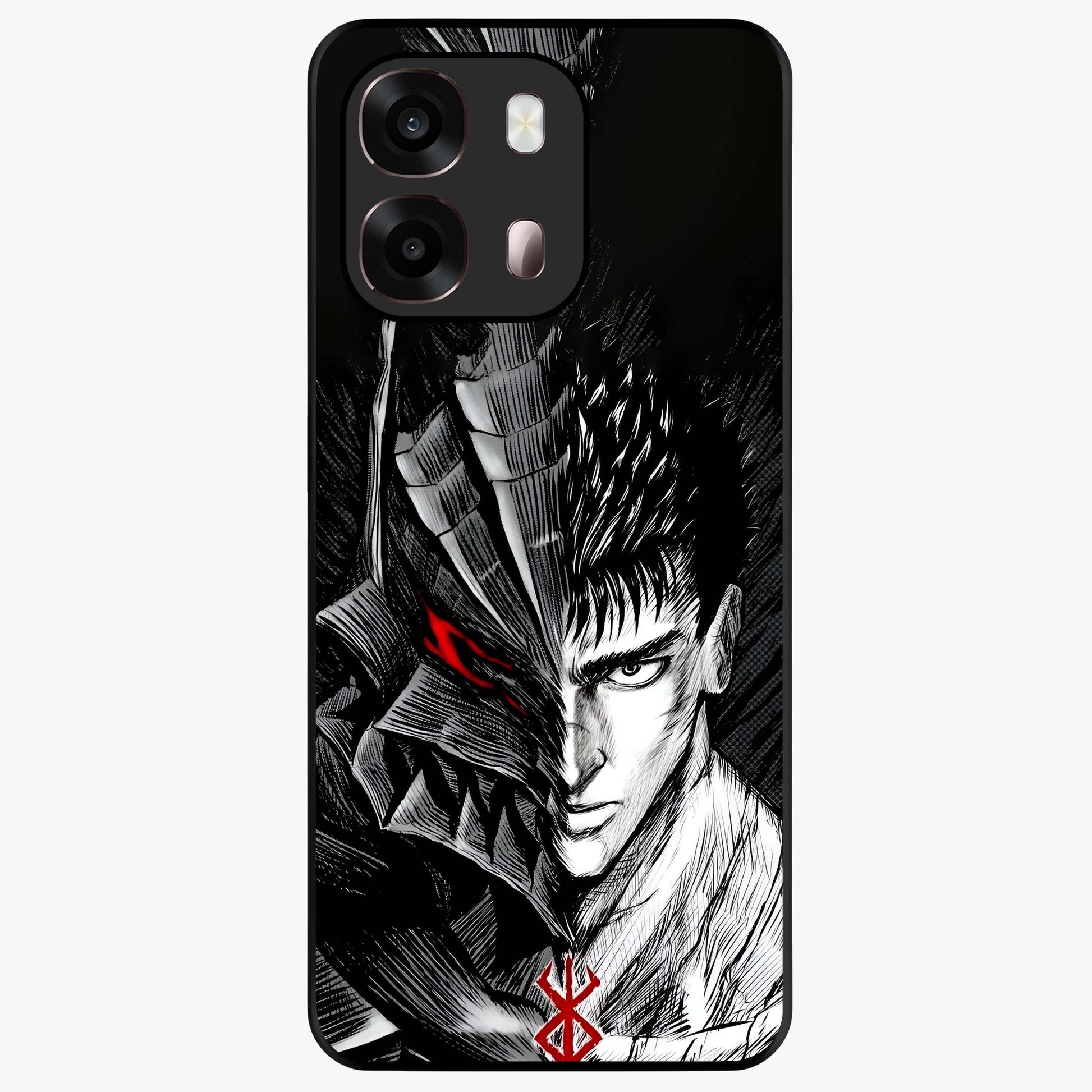 Berserker Blood Oath Glass Case showing flat back view with fierce warrior inspired artwork and glossy glass finish.