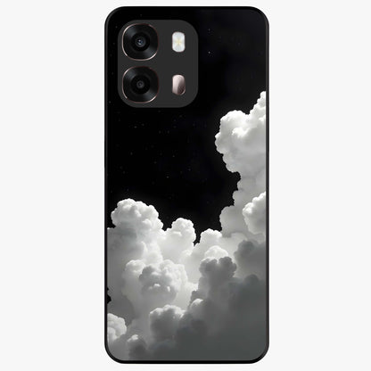 Black Background With White Cloud Glass Case showing flat back view with minimal cloud artwork on dark background and glossy glass finish.