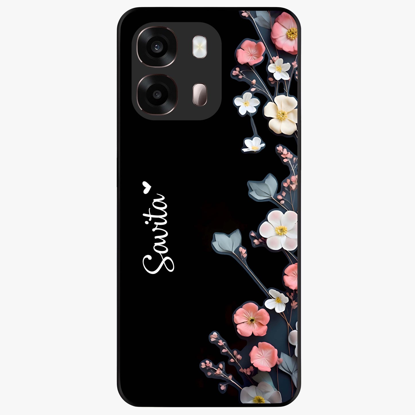 Black Elegance Floral Custom Name Glass Case showing flat back view with elegant floral artwork and personalized name design.