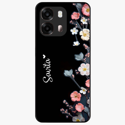 Black Elegance Floral Custom Name Glass Case showing flat back view with elegant floral artwork and personalized name design.