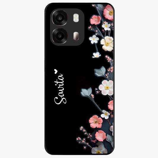 Black Elegance Floral Custom Name Glass Case showing flat back view with elegant floral artwork and personalized name design.