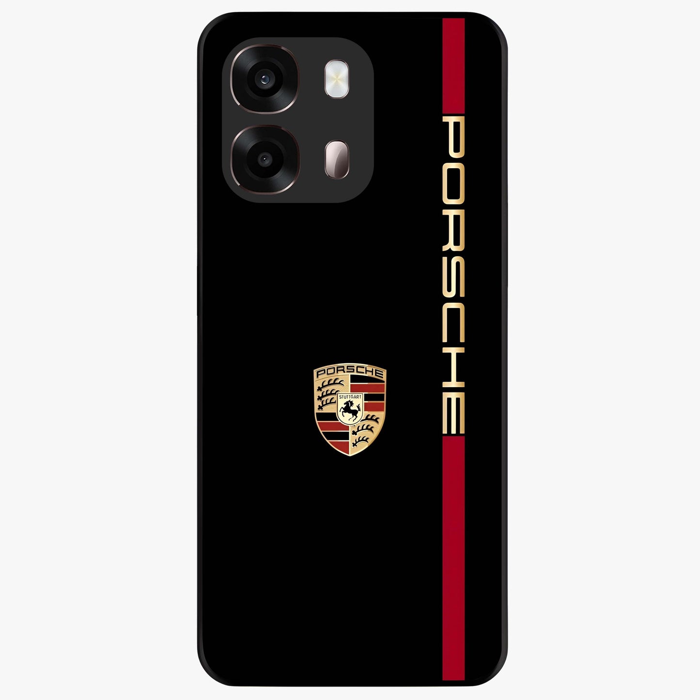 Black Minimal Porsche Glass Case showing flat back view with sleek minimal sports car artwork and glossy glass finish.