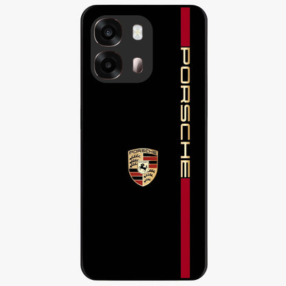 Black Minimal Porsche Glass Case showing flat back view with sleek minimal sports car artwork and glossy glass finish.