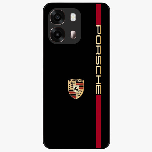 Black Minimal Porsche Glass Case showing flat back view with sleek minimal sports car artwork and glossy glass finish.