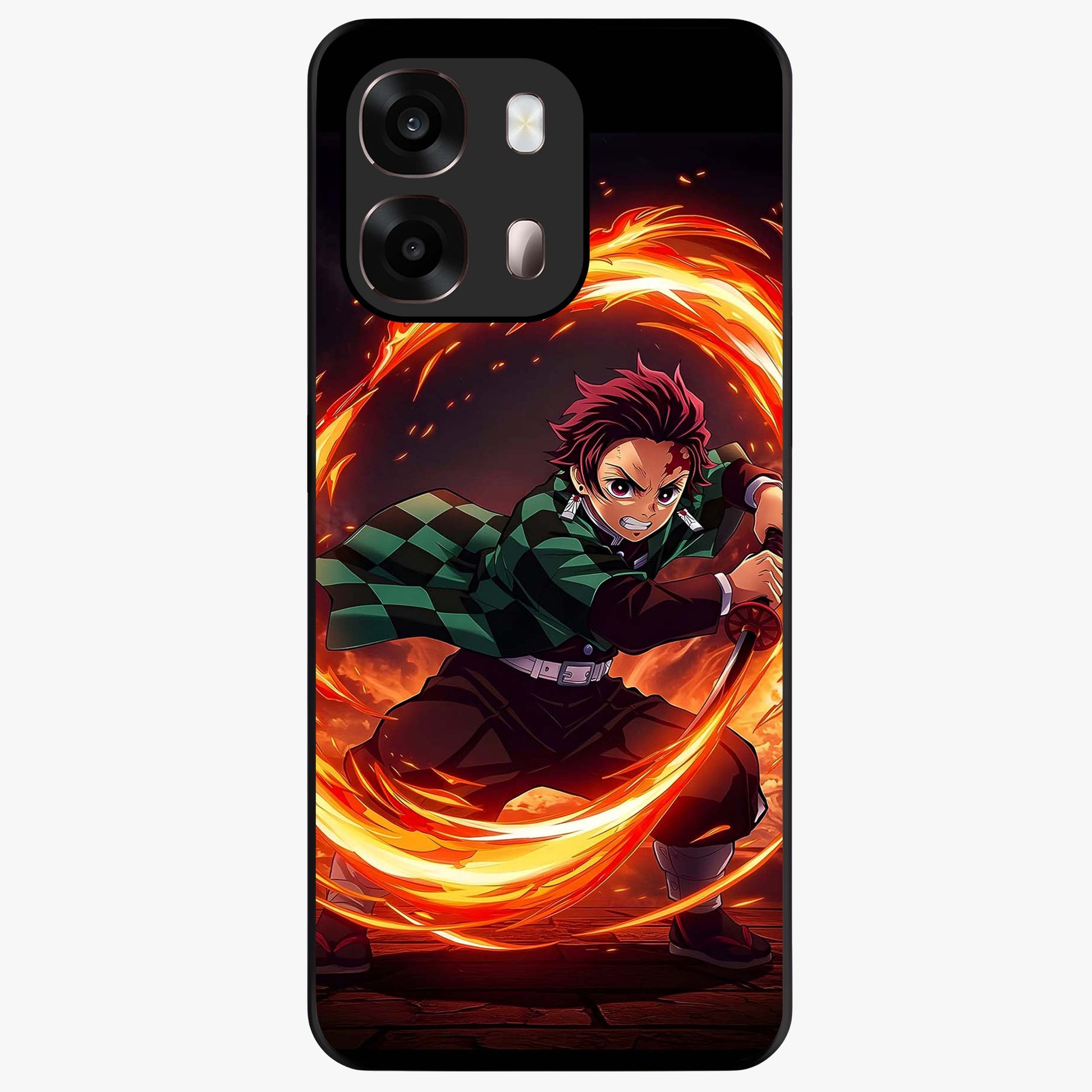 Blazing Sword Resolve Glass Case showing flat back view with fiery sword artwork and glossy glass finish.