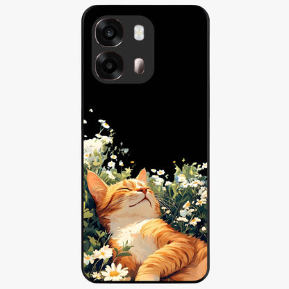 Blissful Bloom Cat Glass Case showing flat back view with cute cat and floral bloom artwork and glossy glass finish.