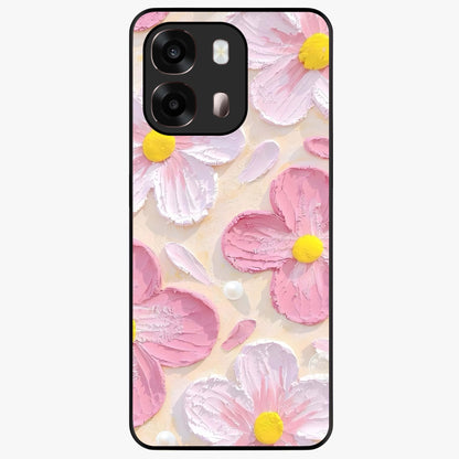 Blush Bloom Texture Glass Case showing flat back view with soft blush floral texture artwork and glossy glass finish.