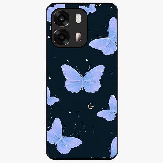 Butterfly With Stars Pattern Glass Case showing flat back view with butterfly and star pattern artwork and glossy glass finish.