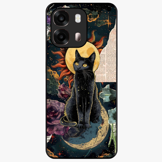 Celestial Black Cat Glass Case showing flat back view with mystical black cat artwork and glossy glass finish.