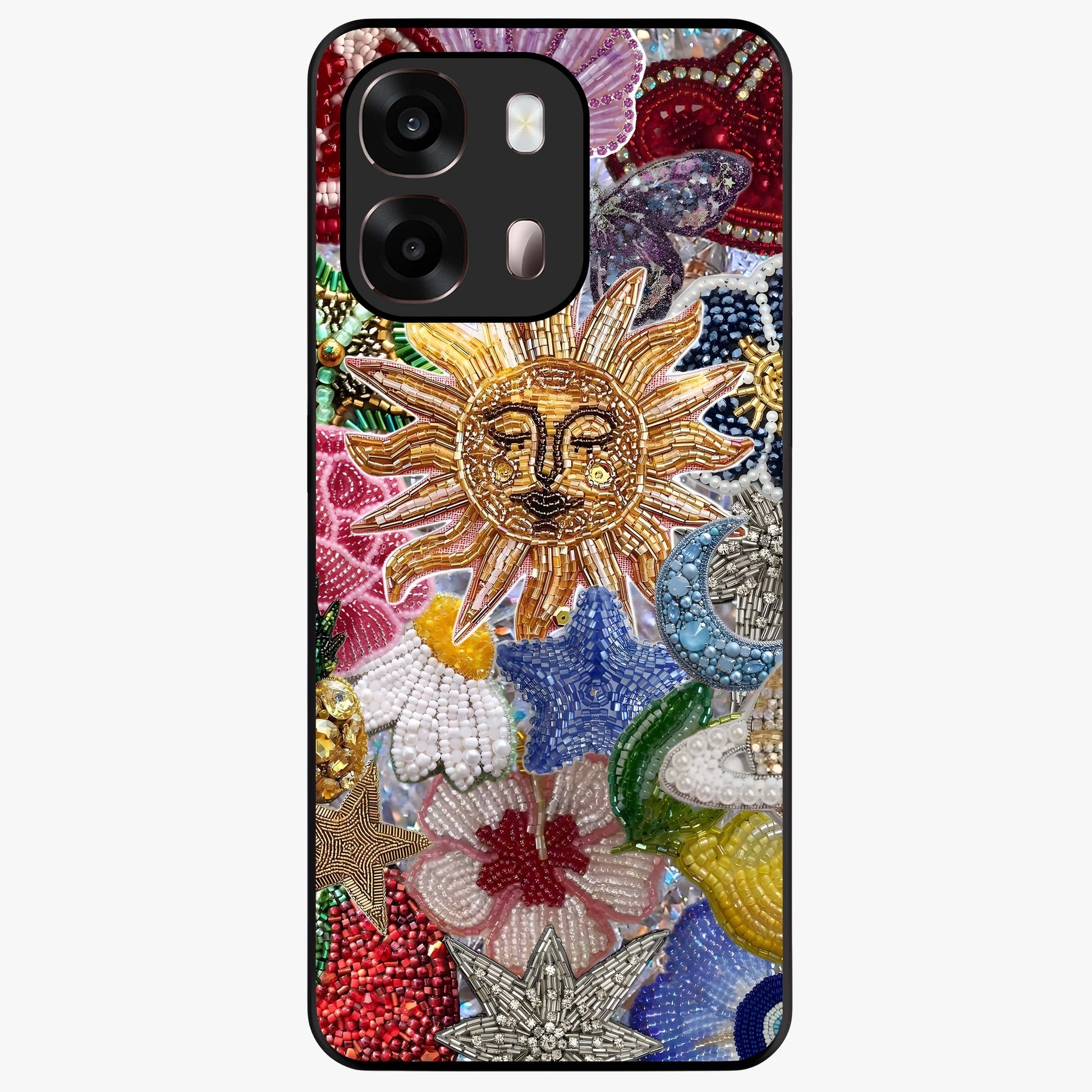 Celestial Floral and Playful Glass Case showing flat back view with floral and celestial themed artwork and glossy glass finish.