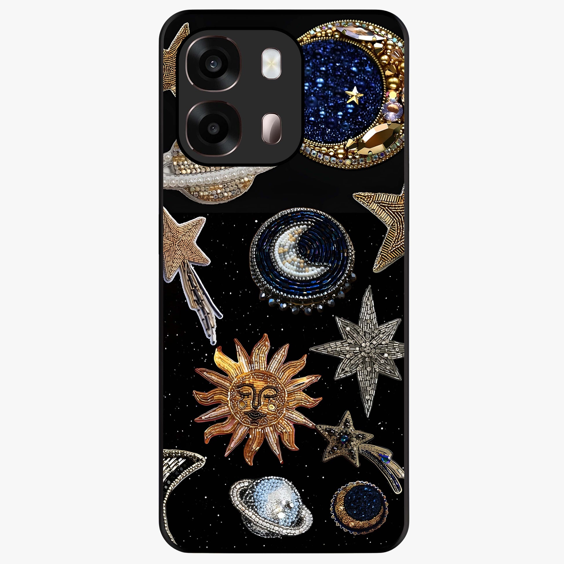 Celestial Gem Constellations Glass Case showing flat back view with sparkling constellation artwork and glossy glass finish.