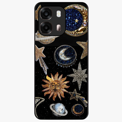 Celestial Gem Constellations Glass Case showing flat back view with sparkling constellation artwork and glossy glass finish.