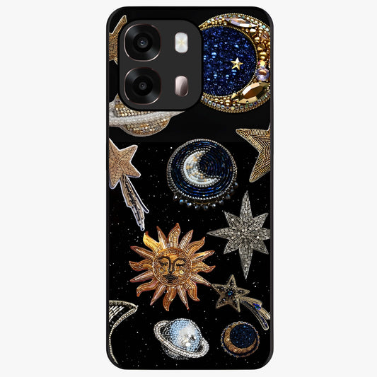 Celestial Gem Constellations Glass Case showing flat back view with sparkling constellation artwork and glossy glass finish.