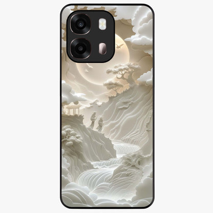 Celestial Origami Glass Case showing flat back view with artistic origami inspired celestial artwork and glossy glass finish.