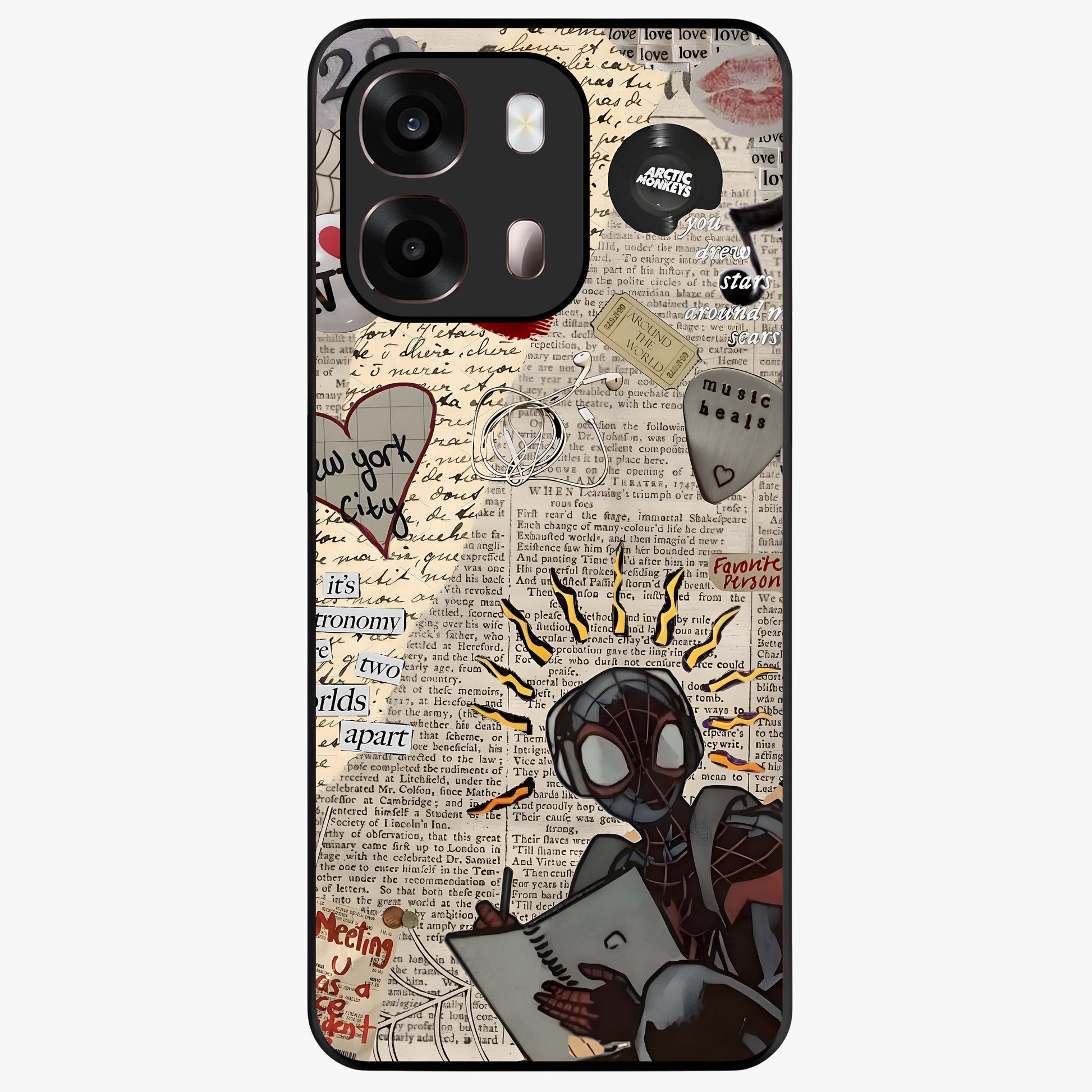 City Dream Sketch Glass Case showing flat back view with artistic city skyline sketch artwork and glossy glass finish.
