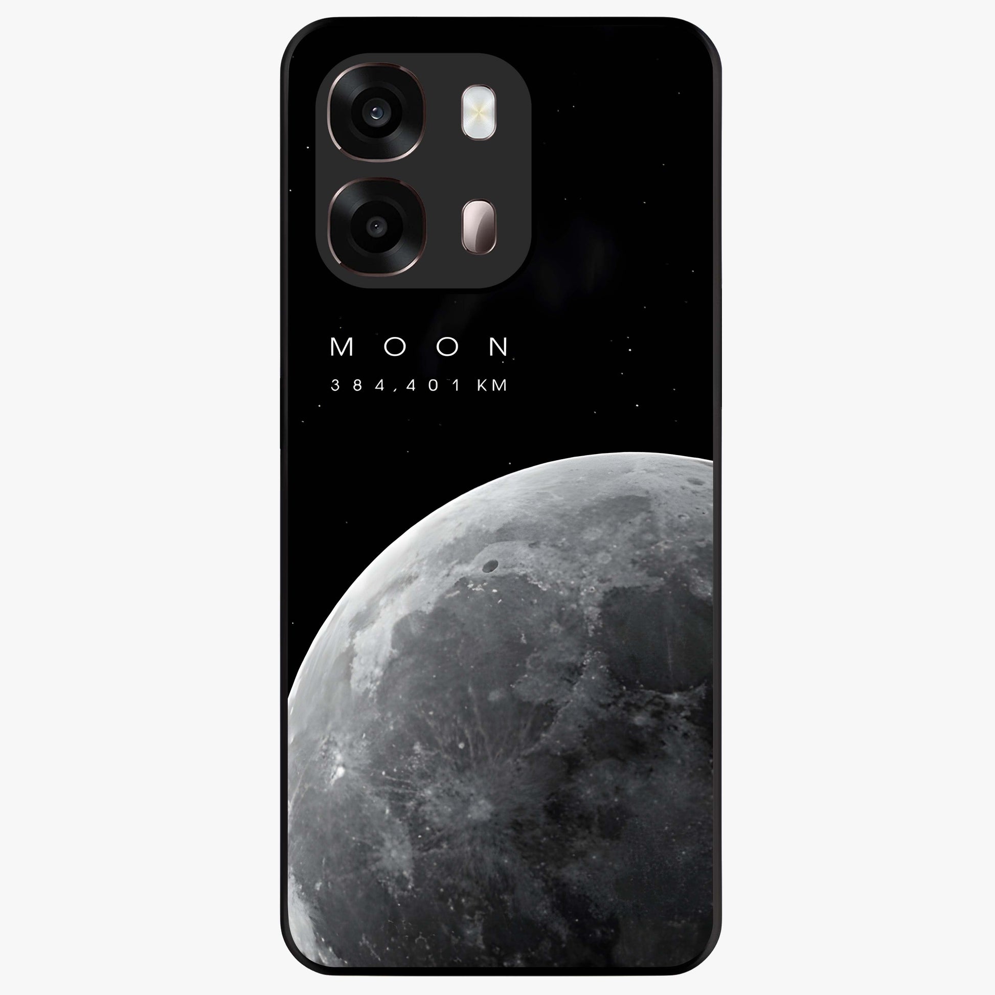 Cosmic Moon Glow Glass Case showing flat back view with glowing moon artwork and glossy glass finish.