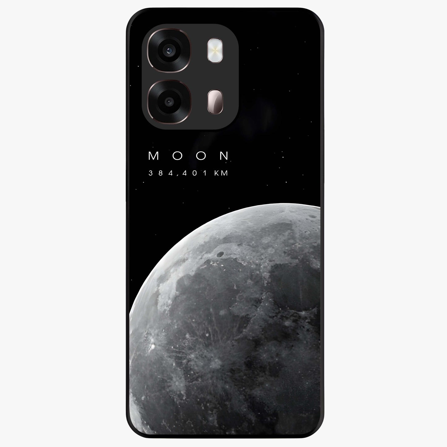 Cosmic Moon Glow Glass Case showing flat back view with glowing moon artwork and glossy glass finish.