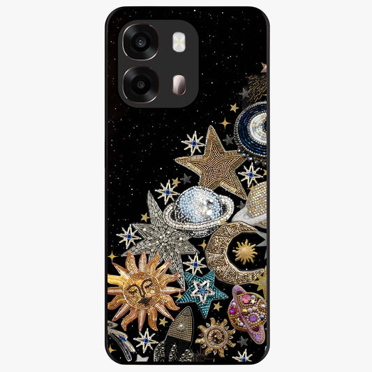 Cosmic Sparkle Dreams Glass Case showing flat back view with sparkling cosmic artwork and glossy glass finish.