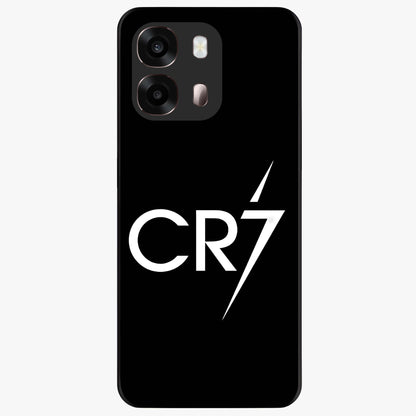 Cr7 Elite Strike Glass Case showing flat back view with dynamic football inspired artwork and glossy glass finish.