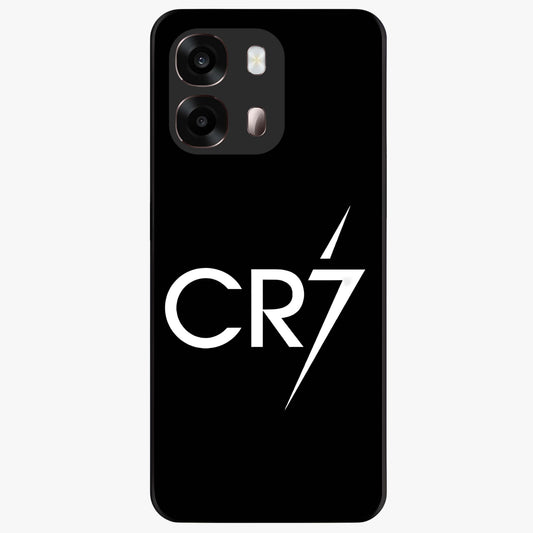 Cr7 Elite Strike Glass Case showing flat back view with dynamic football inspired artwork and glossy glass finish.