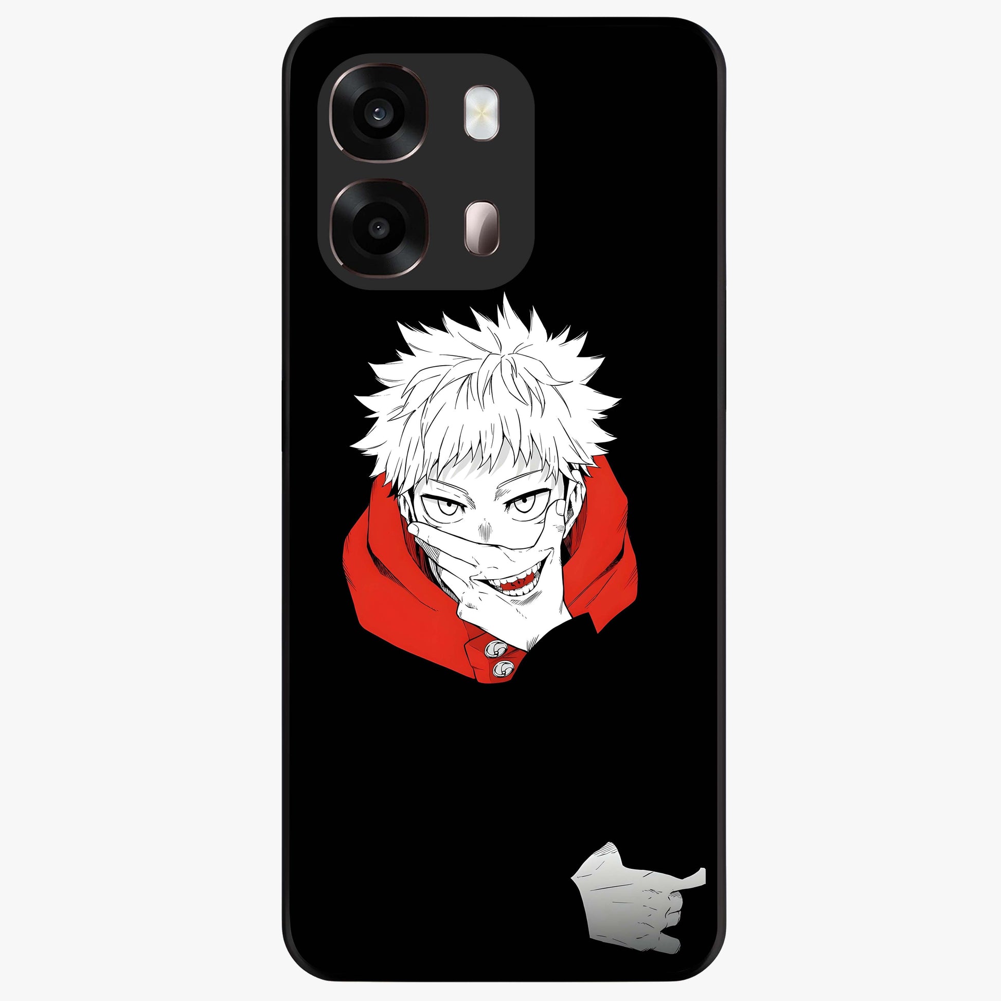Crimson Chaos Smile Glass Case showing flat back view with bold chaotic smile artwork and glossy glass finish.