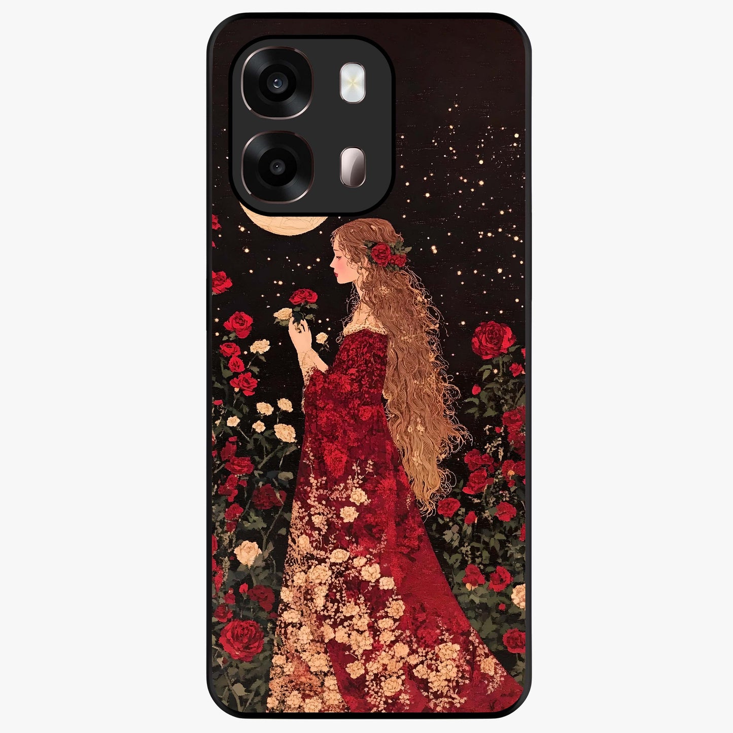 Crimson Dreams Glass Case showing flat back view with dreamy crimson artwork and glossy glass finish.