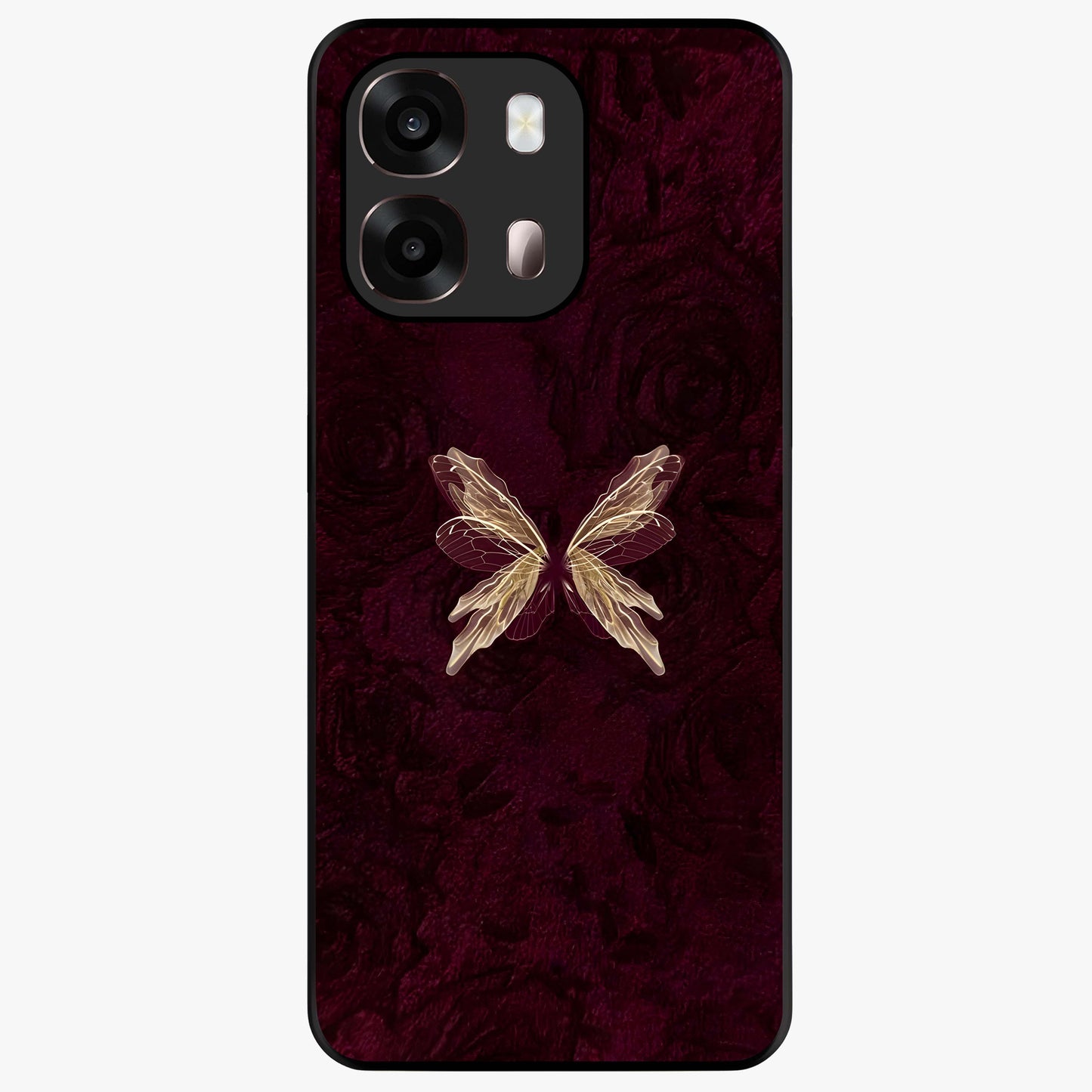 Crimson Fade Butterfly Glass Case showing flat back view with fading butterfly artwork and glossy glass finish.