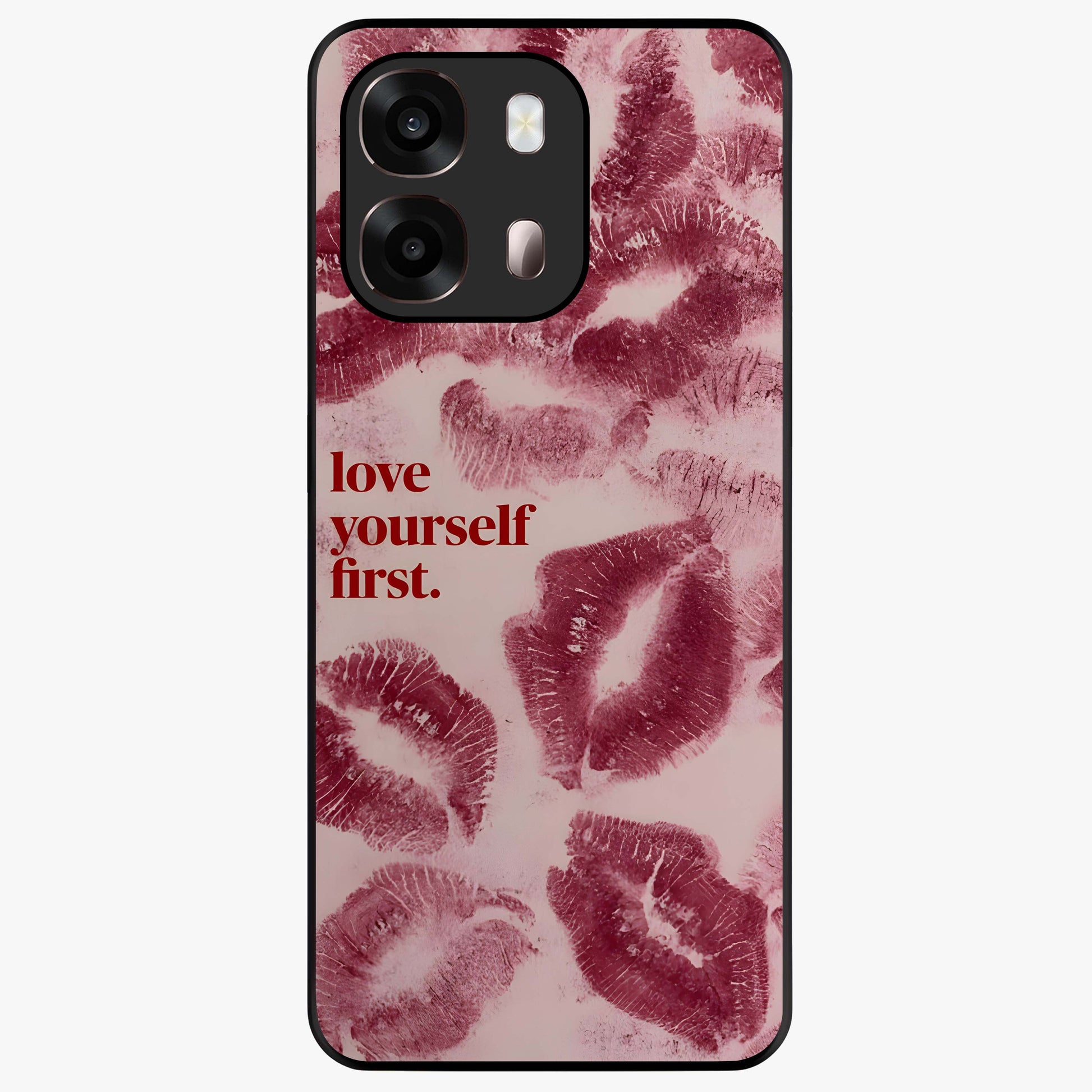 Crimson Kiss Love Glass Case showing flat back view with romantic crimson themed artwork and glossy glass finish.